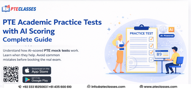 PTE Academic Practice Tests with AI Scoring Complete Guide by PTEClasses – Learn how AI-scored PTE mock tests work to improve your exam score.